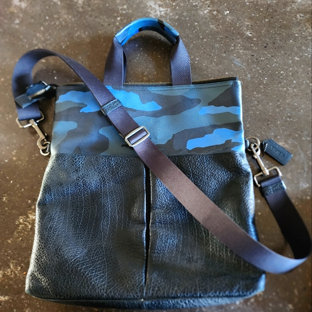 Coach messenger/computer bag blue camo and black leather